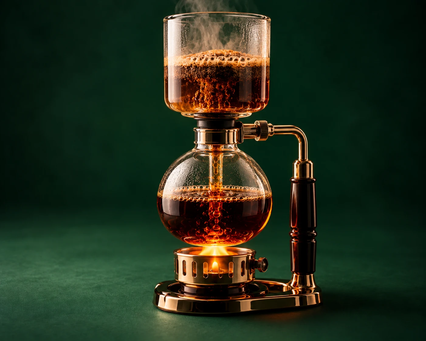 Cafeteira syphon extraindo café sobre a chama