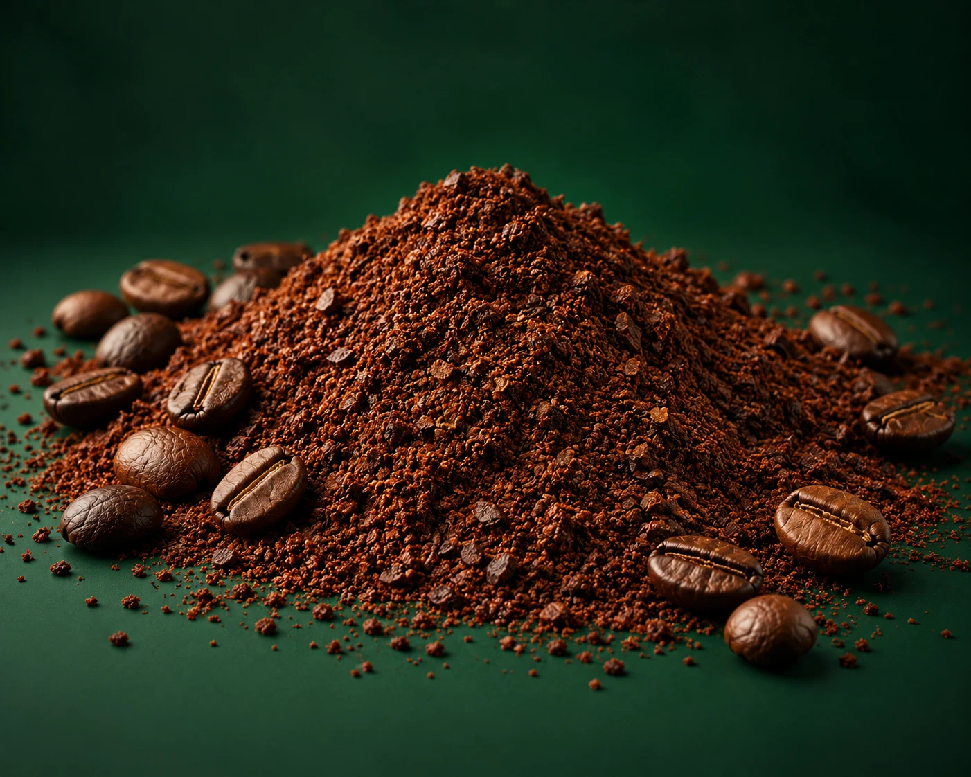 Café moído com grãos em volta